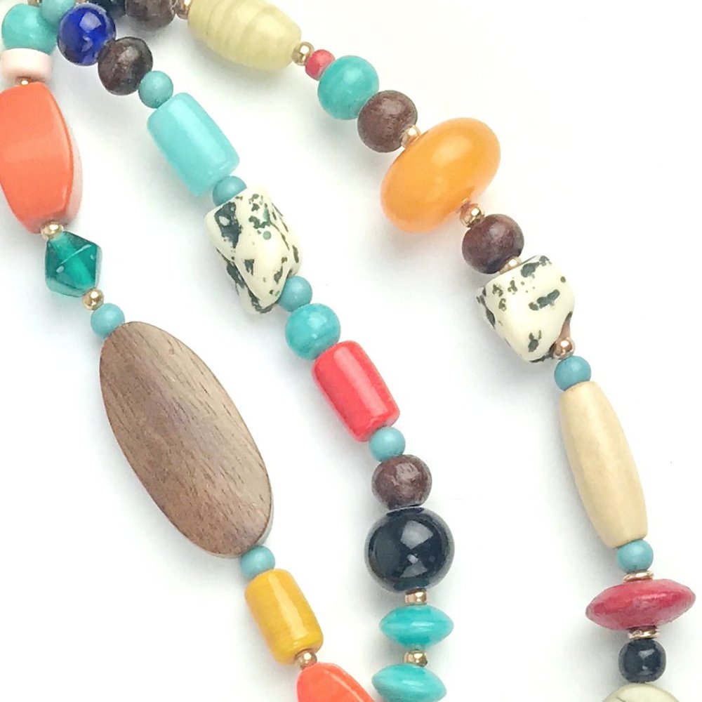 BOHO 3 Strand Wood Acrylic Bead Necklace - Picture 8 of 12